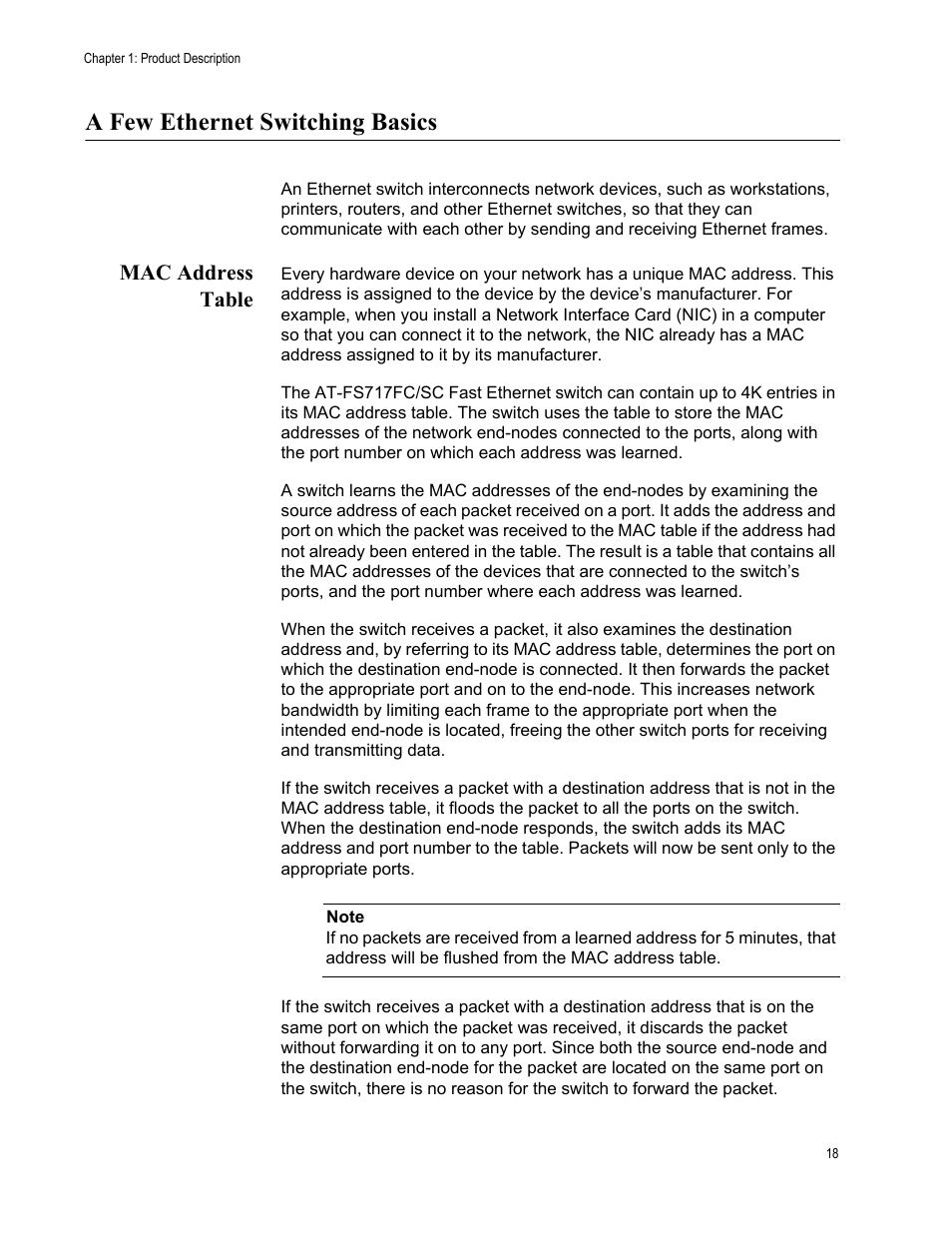 A few ethernet switching basics, Mac address table | Allied Telesis AT-FS717FC/SC User Manual | Page 18 / 69