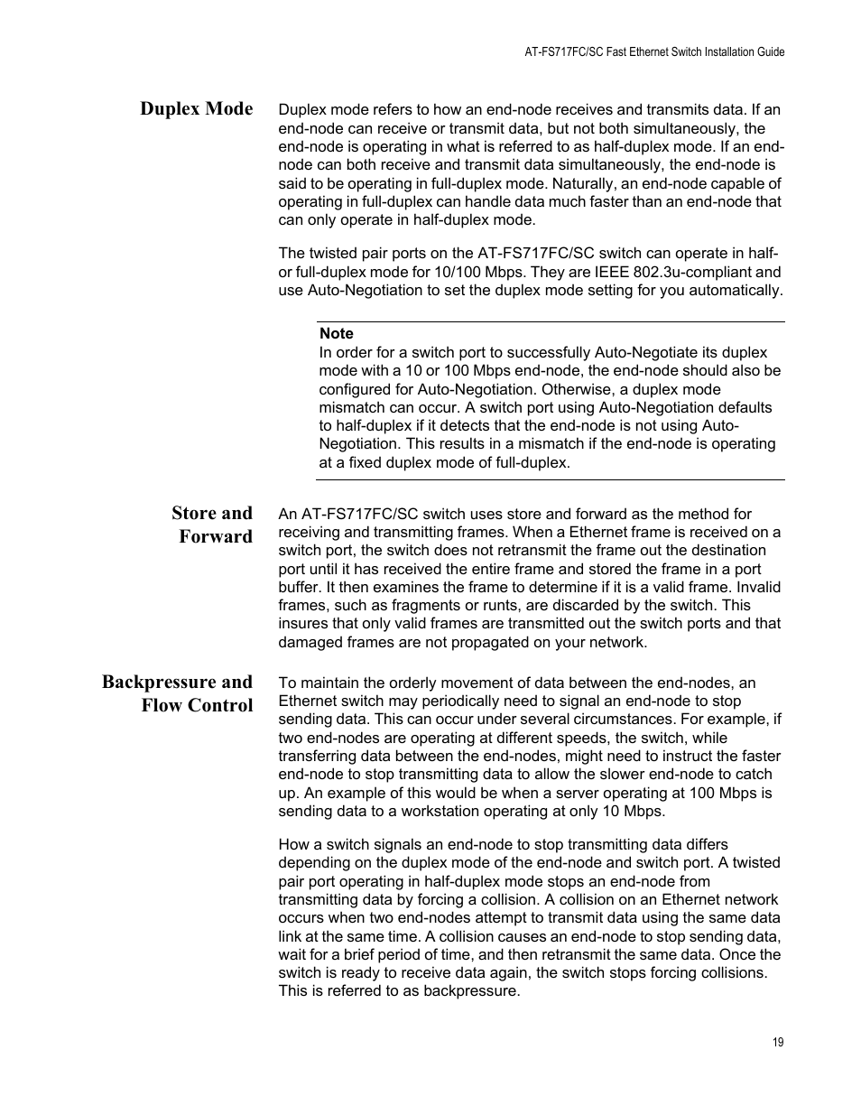 Duplex mode, Store and forward, Backpressure and flow control | Allied Telesis AT-FS717FC/SC User Manual | Page 19 / 69