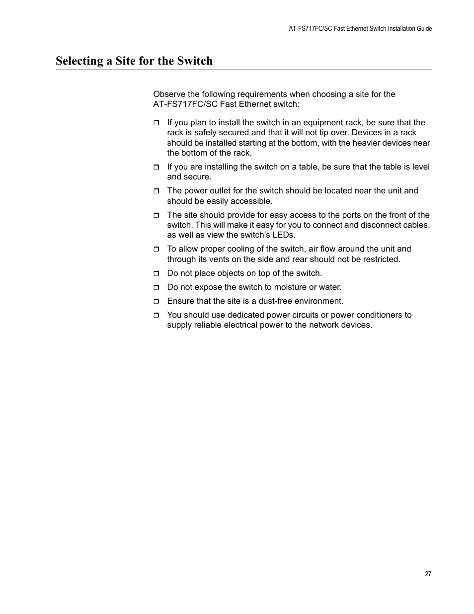 Selecting a site for the switch | Allied Telesis AT-FS717FC/SC User Manual | Page 27 / 69