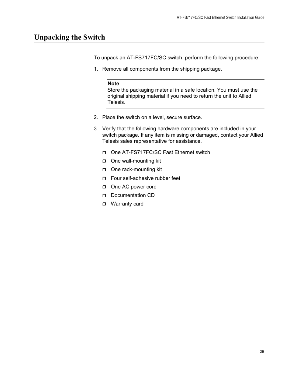 Unpacking the switch | Allied Telesis AT-FS717FC/SC User Manual | Page 29 / 69