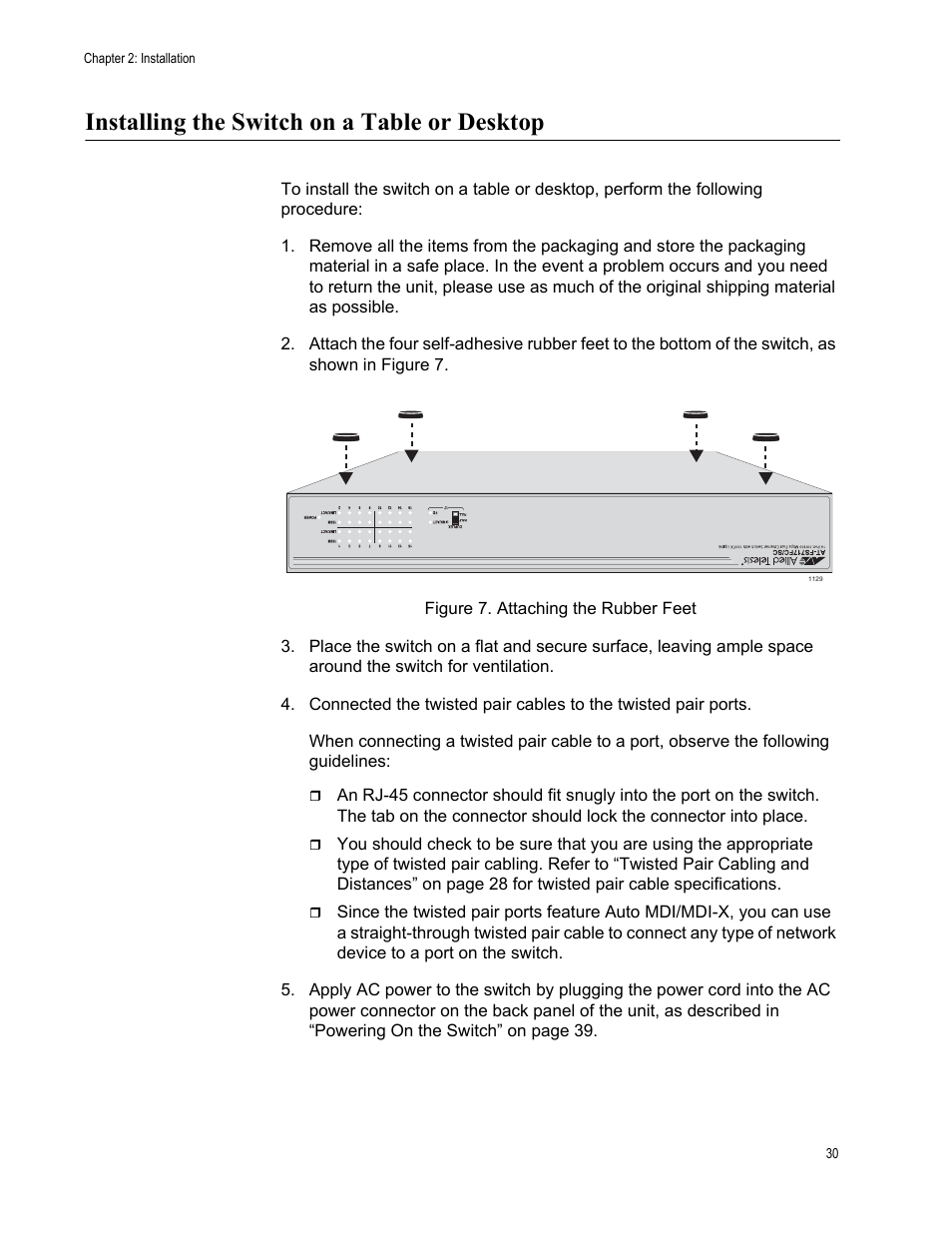 Installing the switch on a table or desktop | Allied Telesis AT-FS717FC/SC User Manual | Page 30 / 69