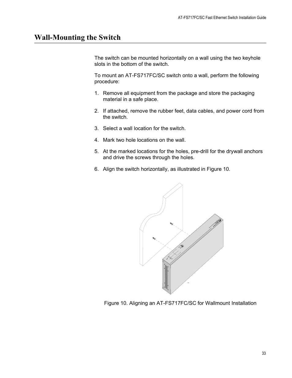 Wall-mounting the switch | Allied Telesis AT-FS717FC/SC User Manual | Page 33 / 69