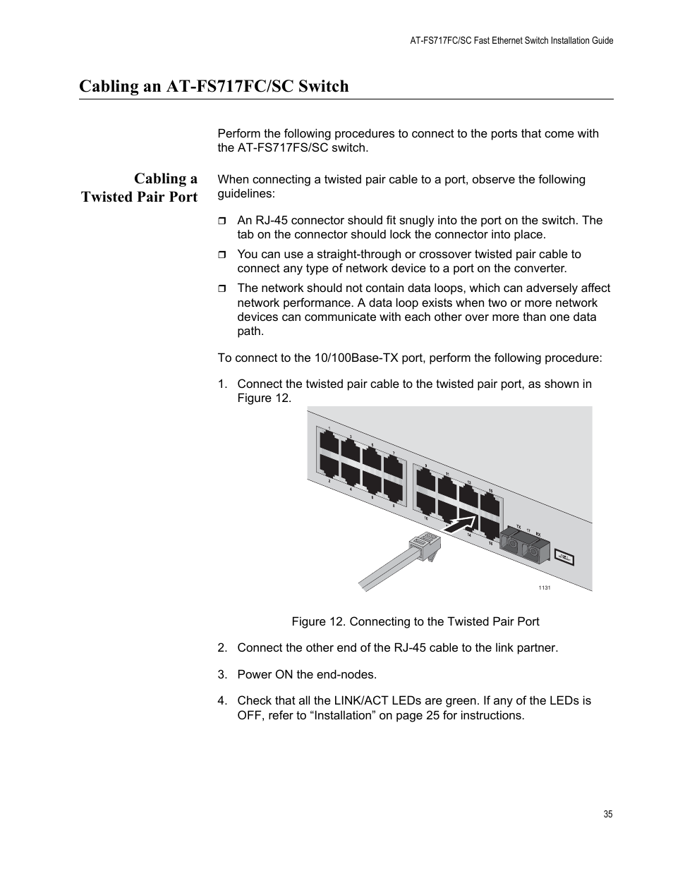 Cabling an at-fs717fc/sc switch, Cabling a twisted pair port | Allied Telesis AT-FS717FC/SC User Manual | Page 35 / 69