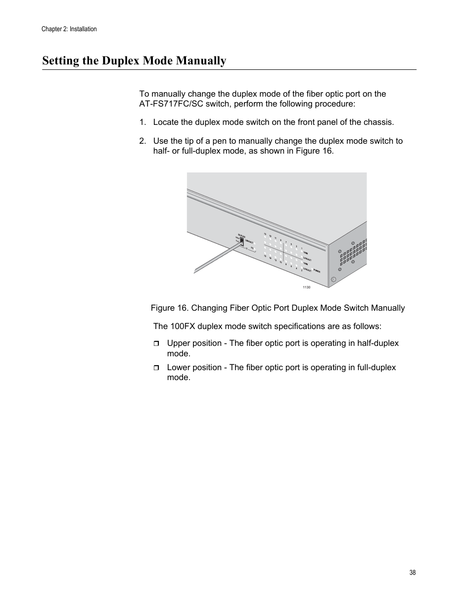 Setting the duplex mode manually | Allied Telesis AT-FS717FC/SC User Manual | Page 38 / 69
