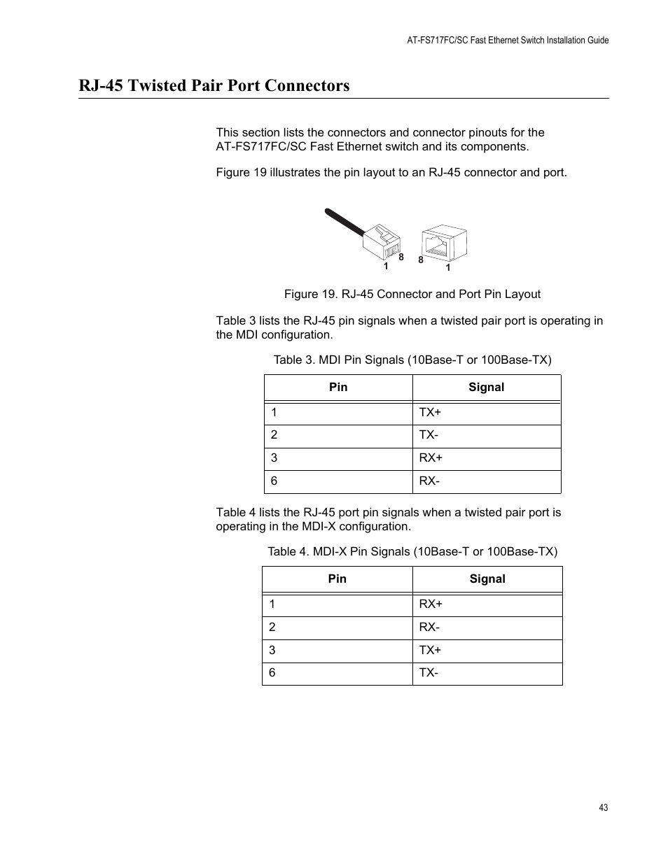 Rj-45 twisted pair port connectors | Allied Telesis AT-FS717FC/SC User Manual | Page 43 / 69