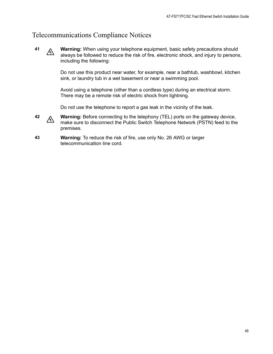 Telecommunications compliance notices | Allied Telesis AT-FS717FC/SC User Manual | Page 49 / 69