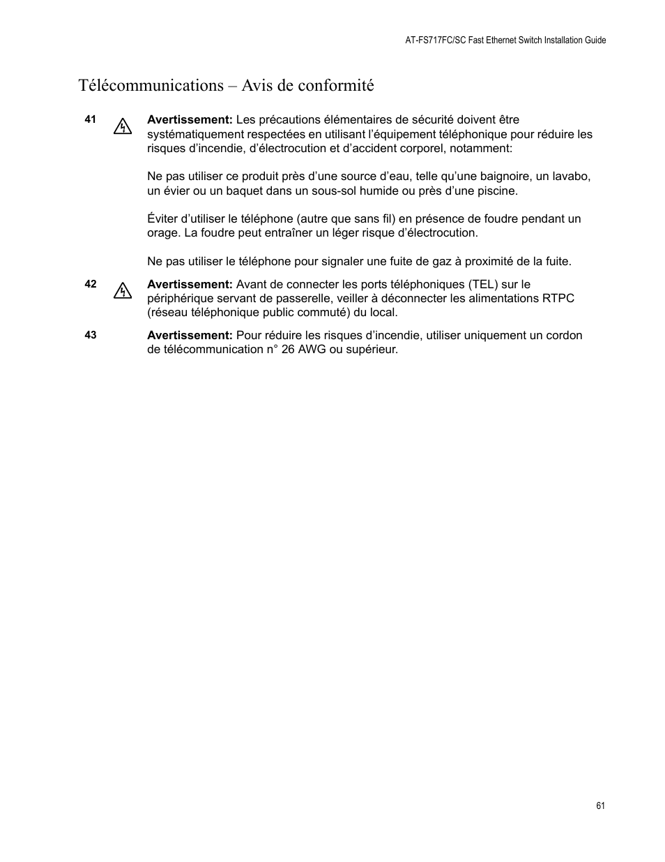 Télécommunications – avis de conformité | Allied Telesis AT-FS717FC/SC User Manual | Page 61 / 69