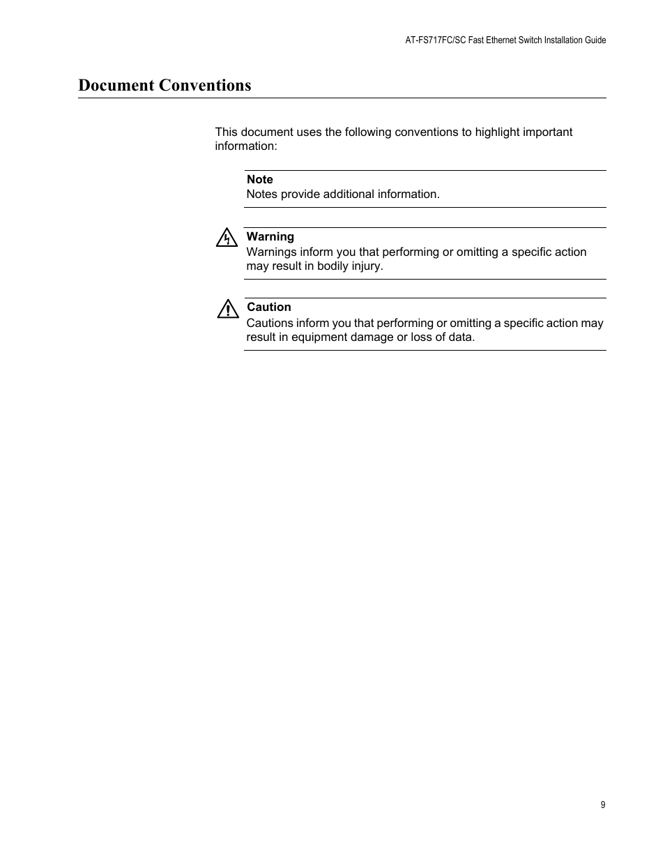 Document conventions | Allied Telesis AT-FS717FC/SC User Manual | Page 9 / 69