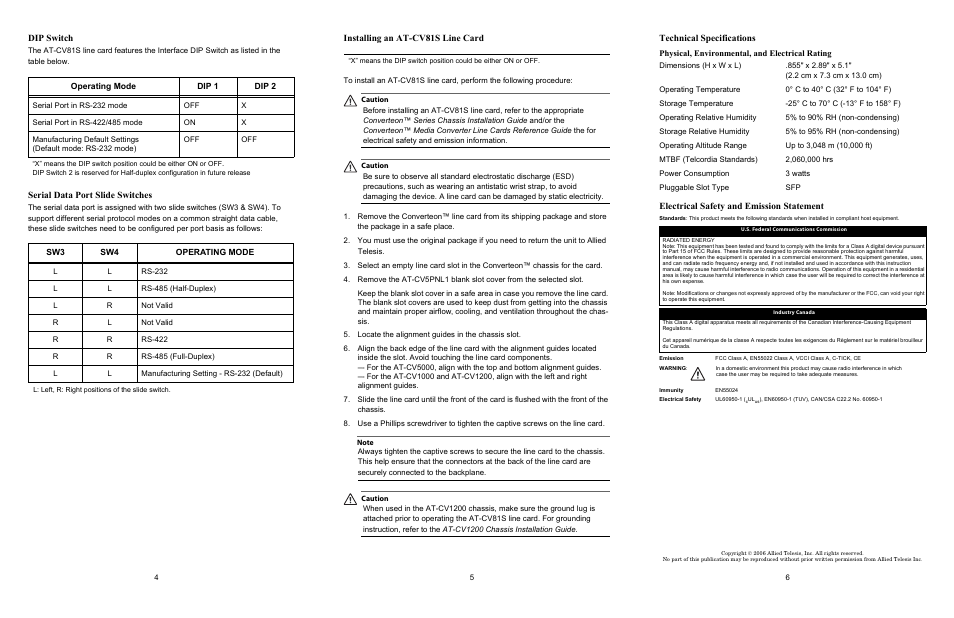 Dip switch, Serial data port slide switches, Installing an at-cv81s line card | Technical specifications, Electrical safety and emission statement | Allied Telesis AT-CV81S User Manual | Page 2 / 2