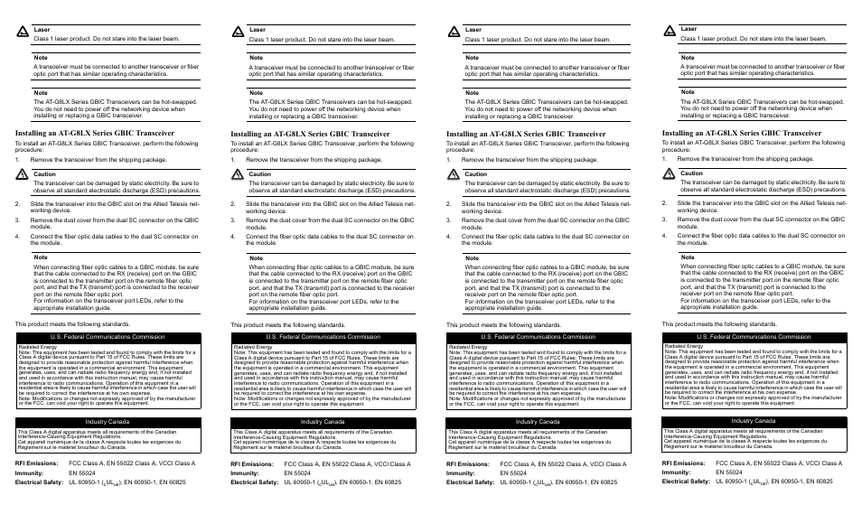 Remove the transceiver from the shipping package, U.s. federal communications commission, Industry canada | Installing an at-g8lx series gbic transceiver | Allied Telesis AT-G8LX Series GBIC User Manual | Page 2 / 2