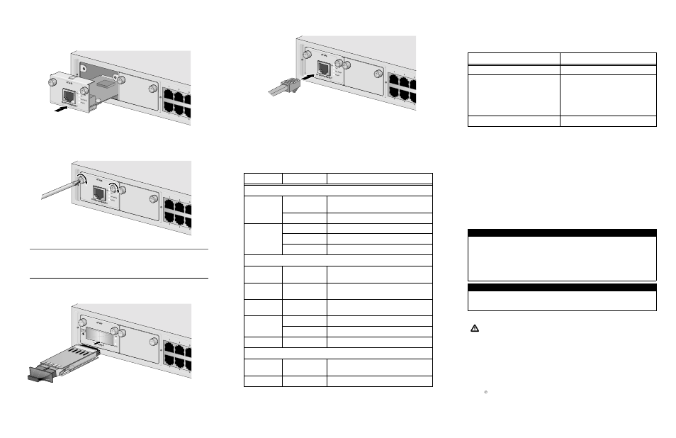 Leds, Port specifications, Technical specifications | Electrical safety and emission statement, Clas s 1 laser product do not stare into b eam | Allied Telesis AT-A47 User Manual | Page 2 / 2