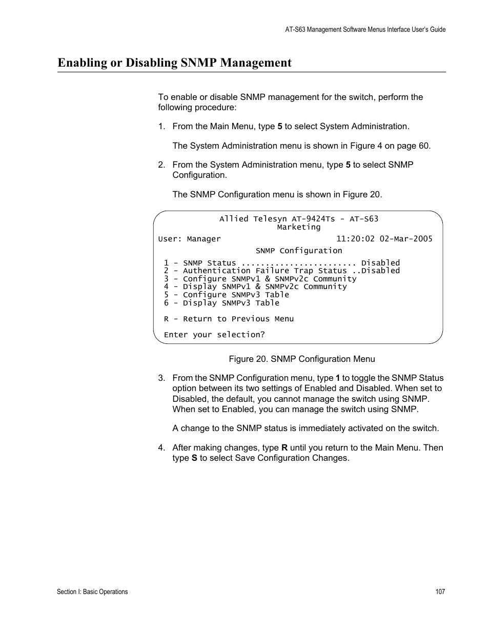 Enabling or disabling snmp management, Figure 20: snmp configuration menu | Allied Telesis AT-S63 User Manual | Page 107 / 942