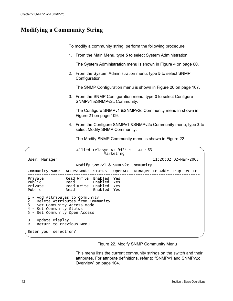 Modifying a community string, Figure 22: modify snmp community menu | Allied Telesis AT-S63 User Manual | Page 112 / 942