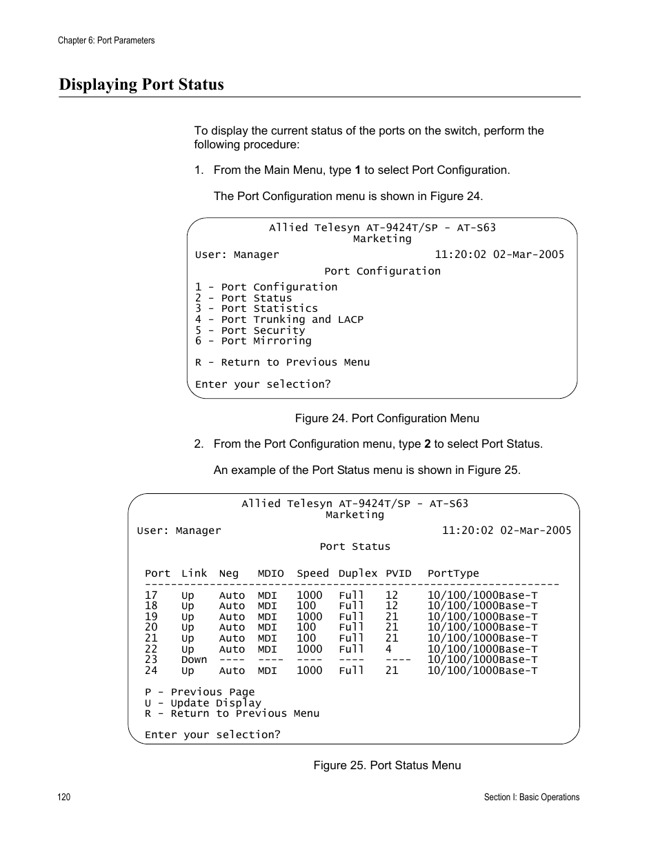 Displaying port status | Allied Telesis AT-S63 User Manual | Page 120 / 942