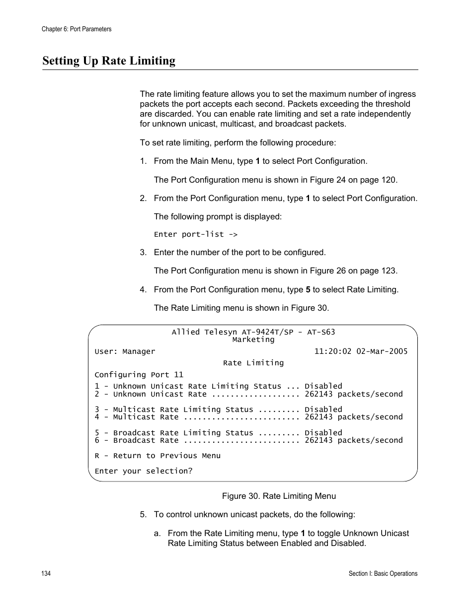 Setting up rate limiting, Figure 30: rate limiting menu | Allied Telesis AT-S63 User Manual | Page 134 / 942