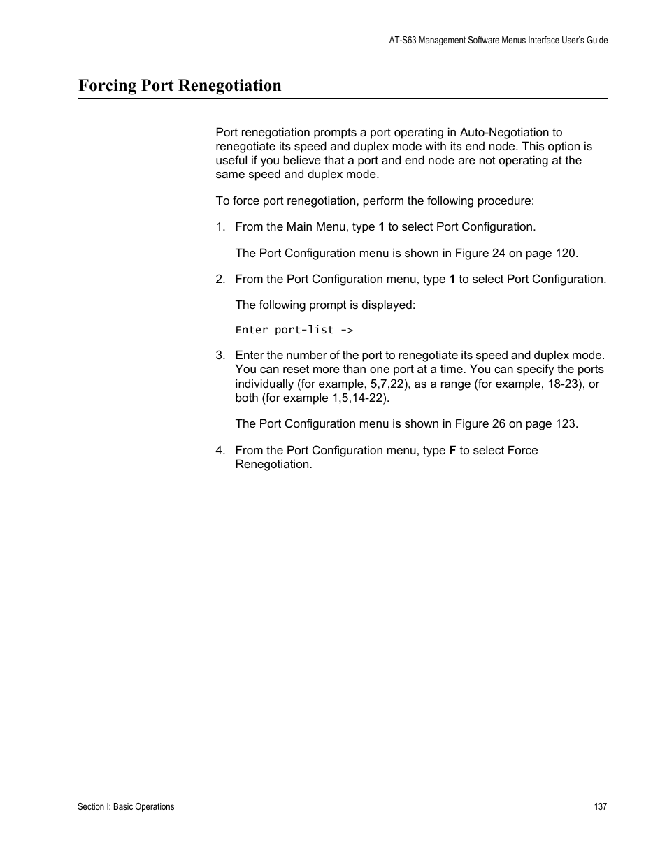 Forcing port renegotiation | Allied Telesis AT-S63 User Manual | Page 137 / 942