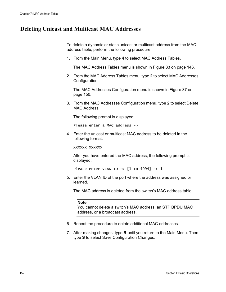 Deleting unicast and multicast mac addresses | Allied Telesis AT-S63 User Manual | Page 152 / 942
