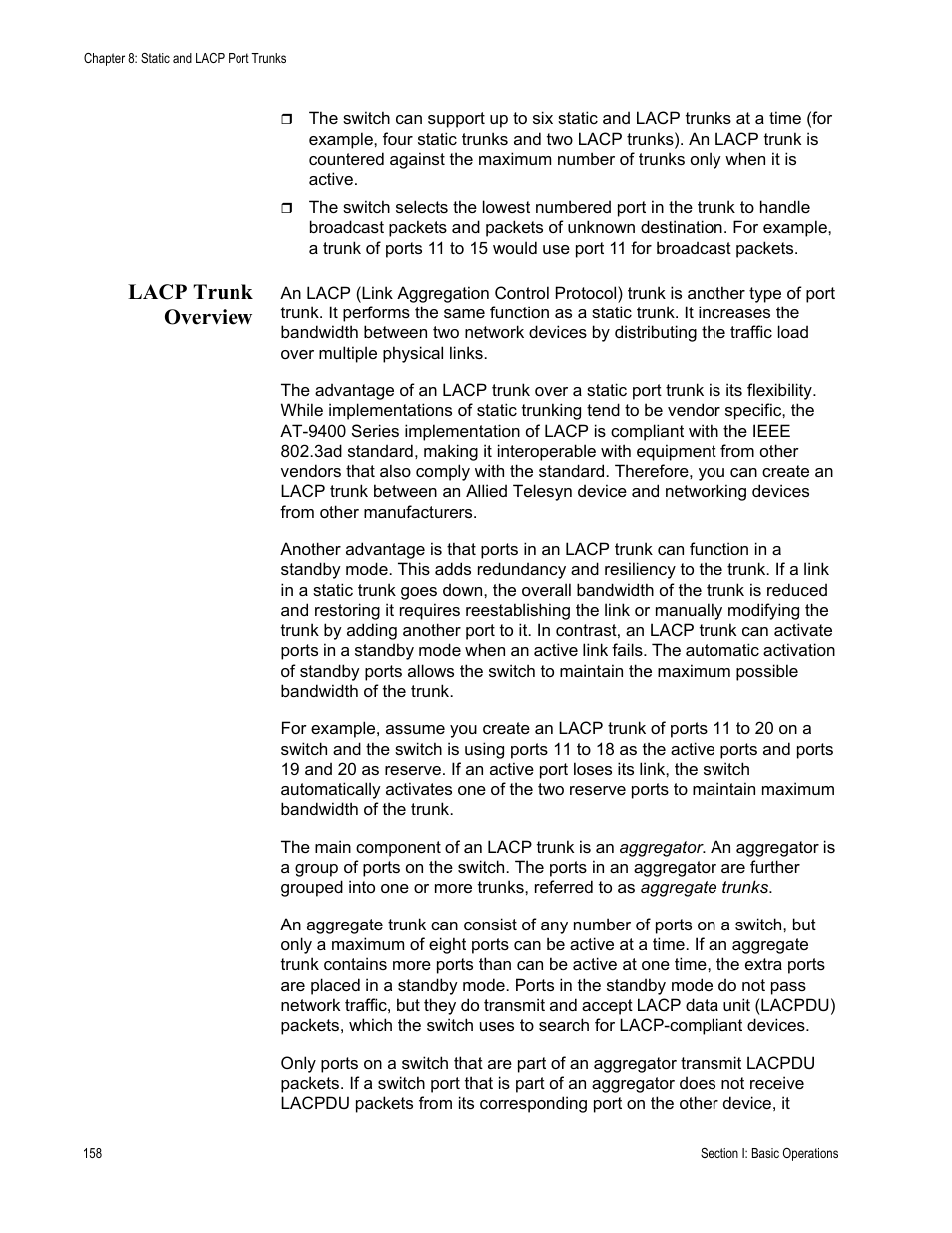 Lacp trunk overview | Allied Telesis AT-S63 User Manual | Page 158 / 942