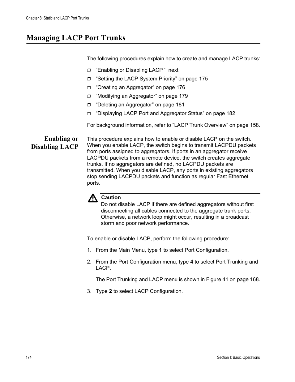 Managing lacp port trunks, Enabling or disabling lacp | Allied Telesis AT-S63 User Manual | Page 174 / 942
