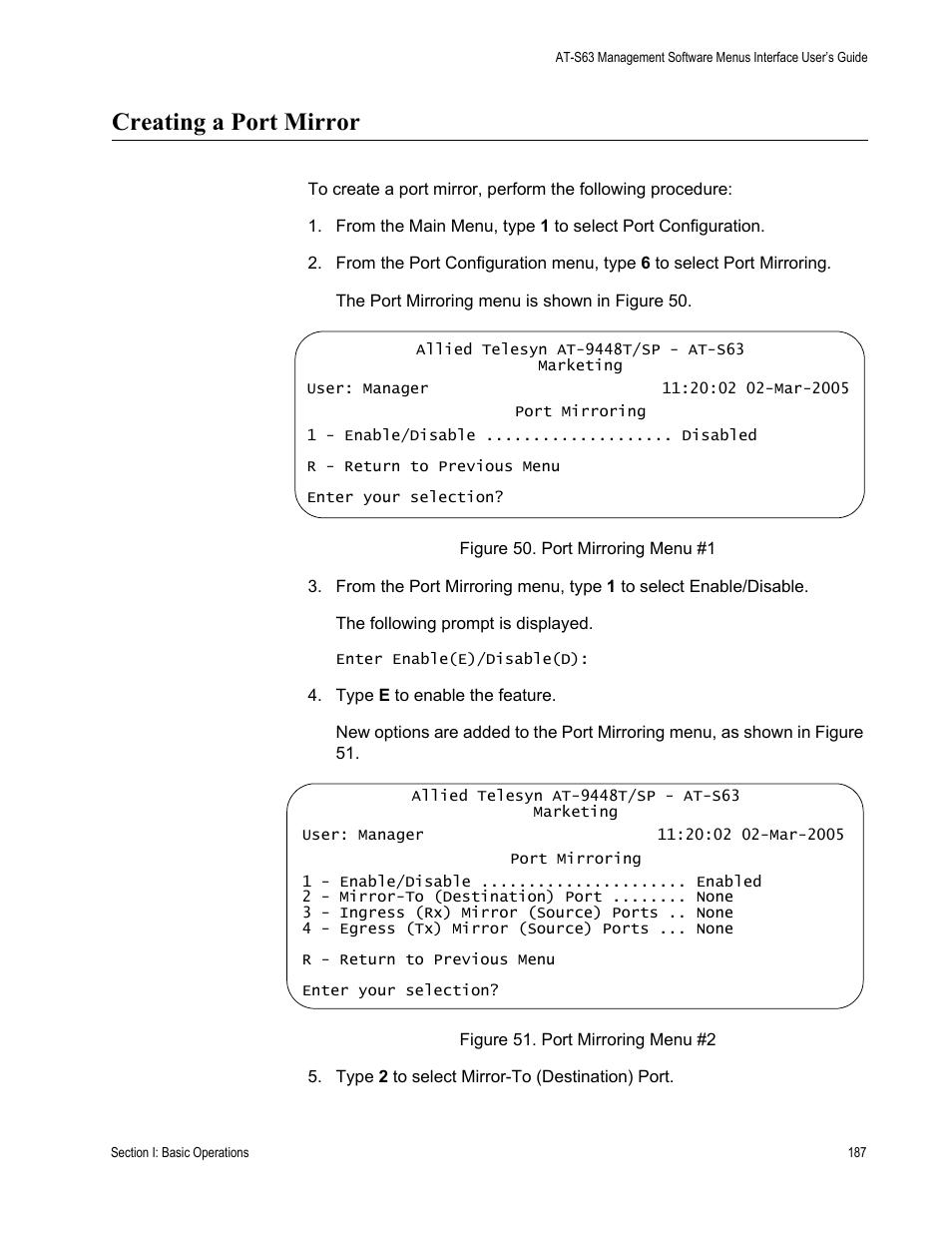 Creating a port mirror | Allied Telesis AT-S63 User Manual | Page 187 / 942