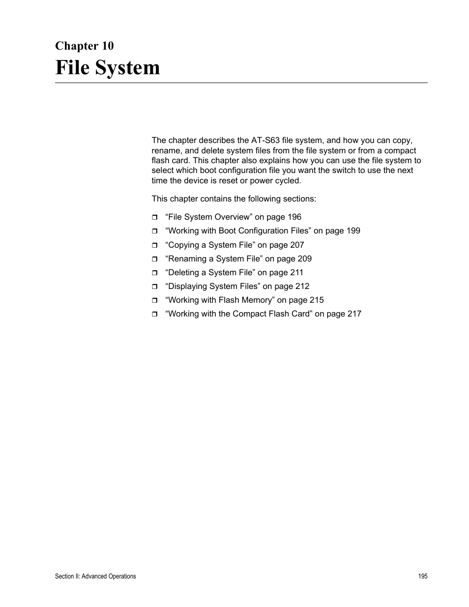 Chapter 10, File system, Chapter 10: file system | Allied Telesis AT-S63 User Manual | Page 195 / 942