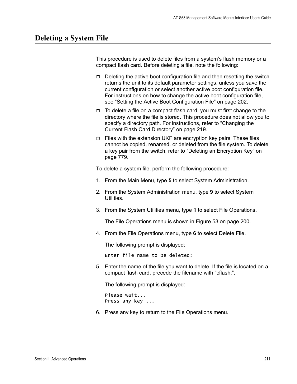 Deleting a system file | Allied Telesis AT-S63 User Manual | Page 211 / 942