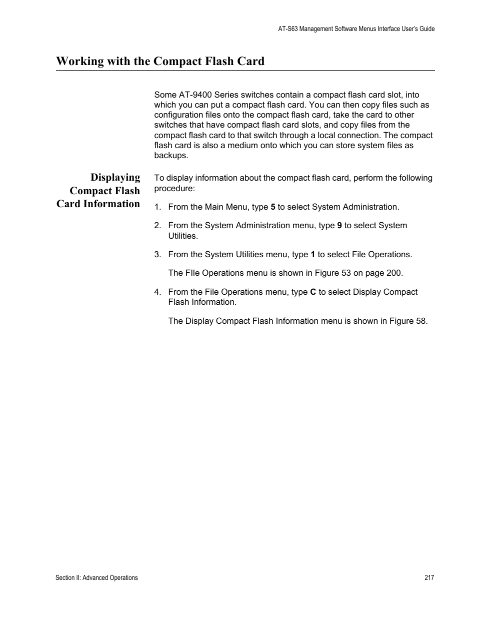 Working with the compact flash card, Displaying compact flash card information | Allied Telesis AT-S63 User Manual | Page 217 / 942