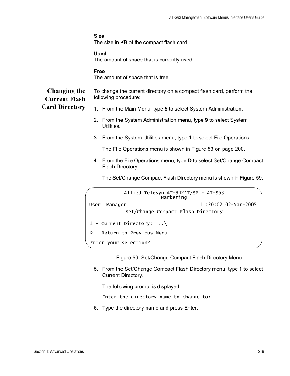 Changing the current flash card directory, Figure 59: set/change compact flash directory menu | Allied Telesis AT-S63 User Manual | Page 219 / 942