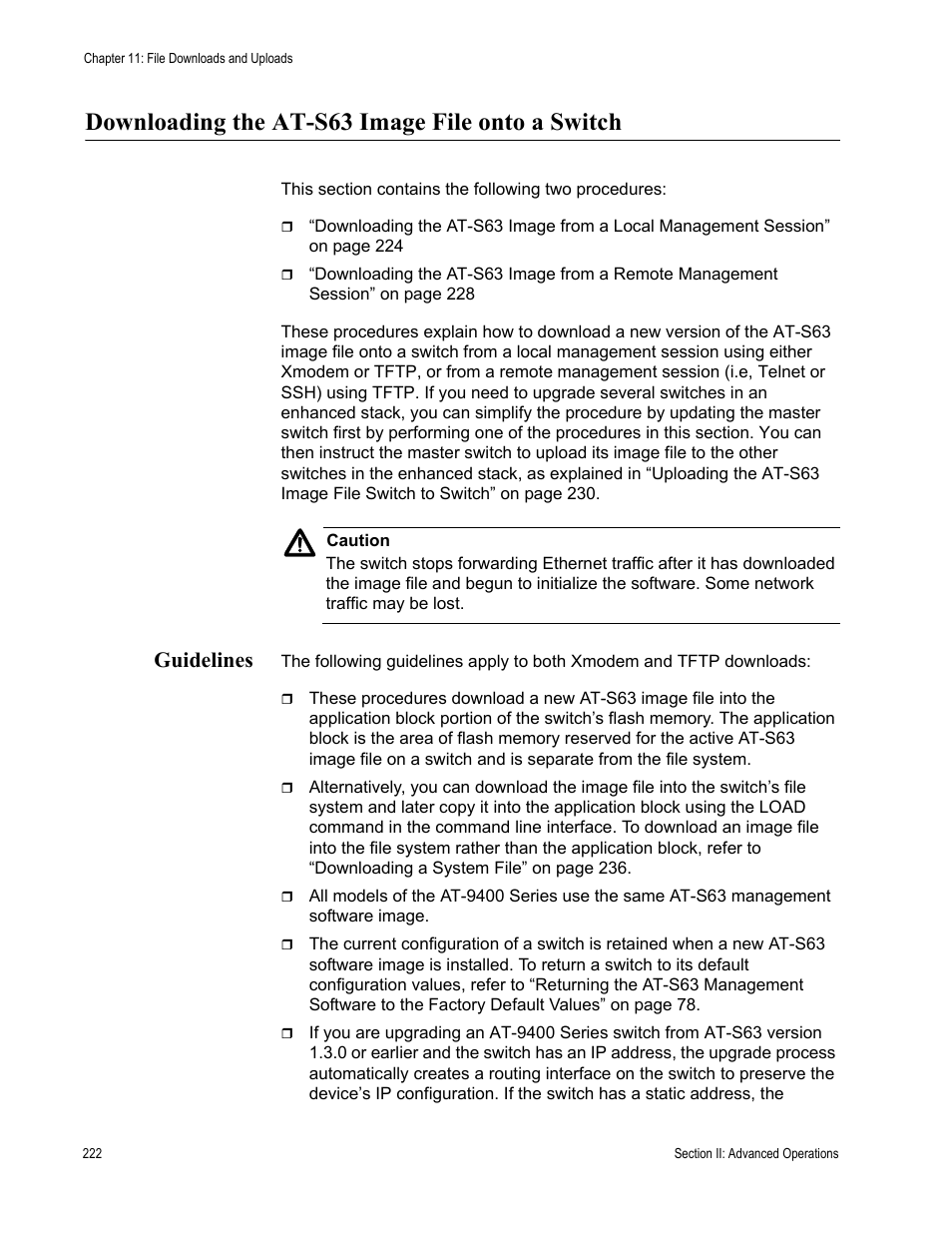 Downloading the at-s63 image file onto a switch, Guidelines | Allied Telesis AT-S63 User Manual | Page 222 / 942