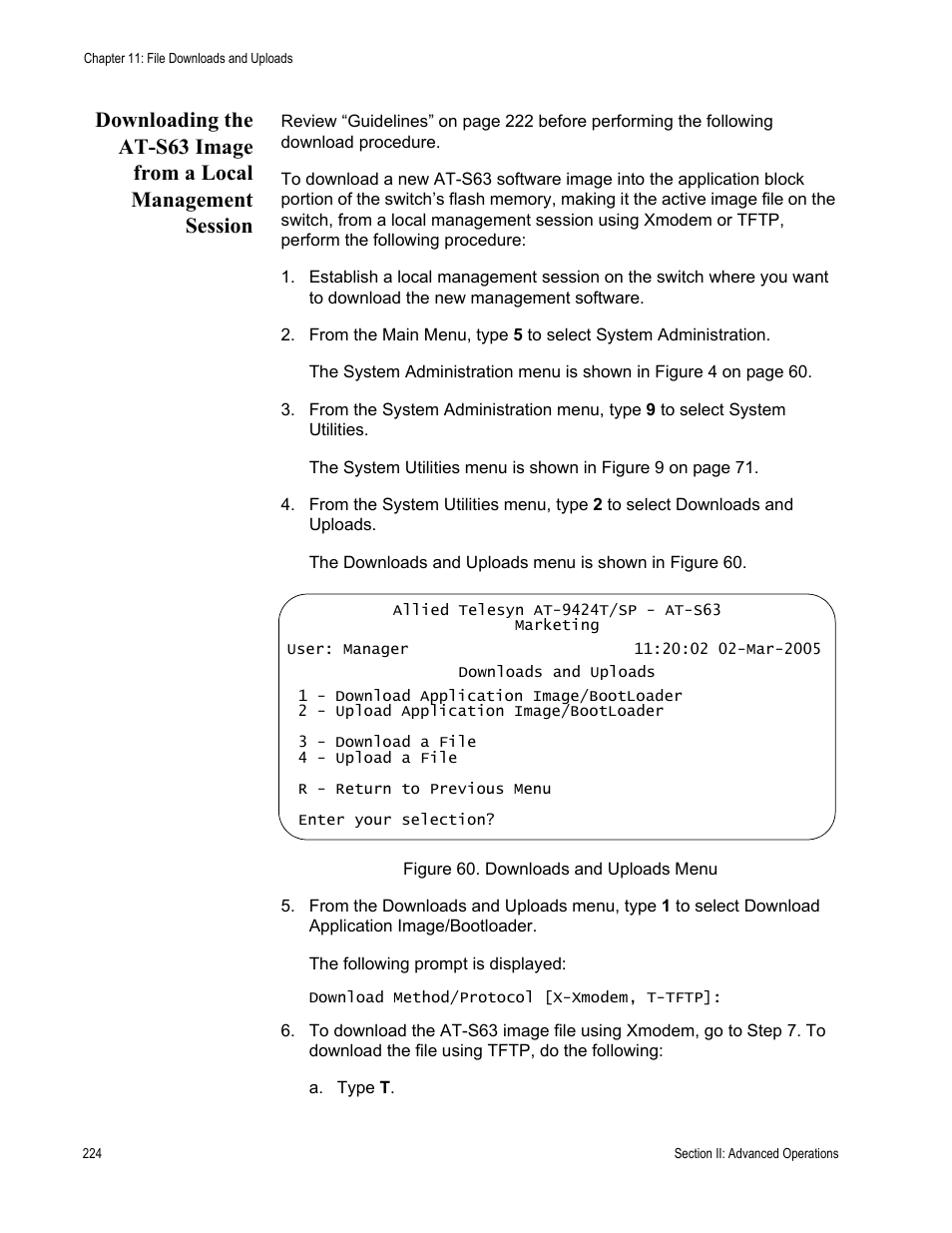 Figure 60: downloads and uploads menu | Allied Telesis AT-S63 User Manual | Page 224 / 942