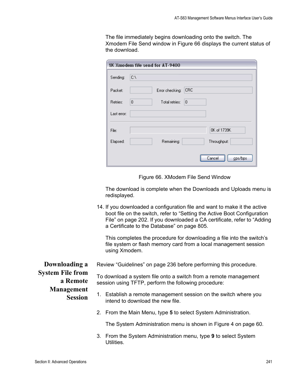 Figure 66: xmodem file send window | Allied Telesis AT-S63 User Manual | Page 241 / 942