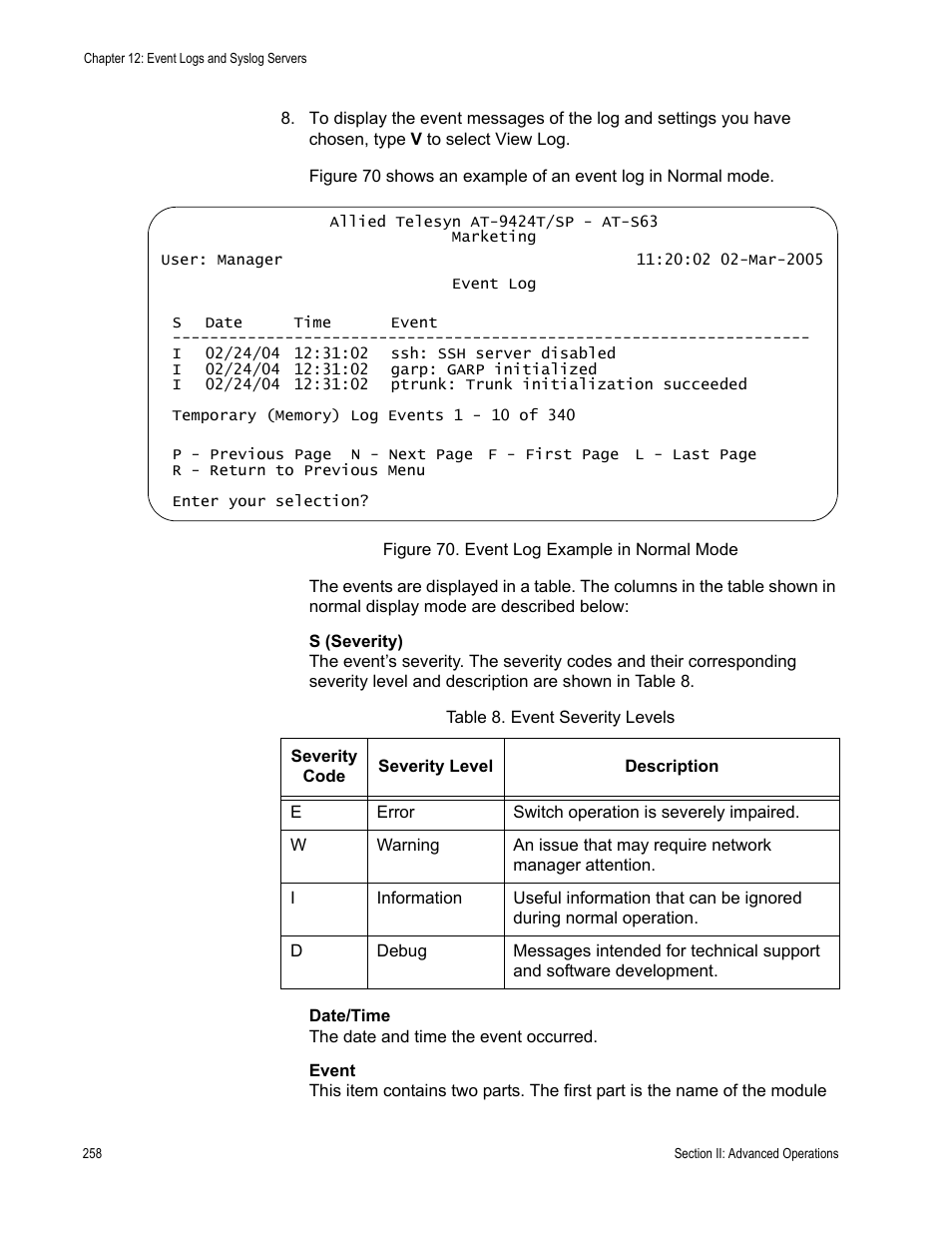 Figure 70: event log example in normal mode, Table 8: event severity levels | Allied Telesis AT-S63 User Manual | Page 258 / 942
