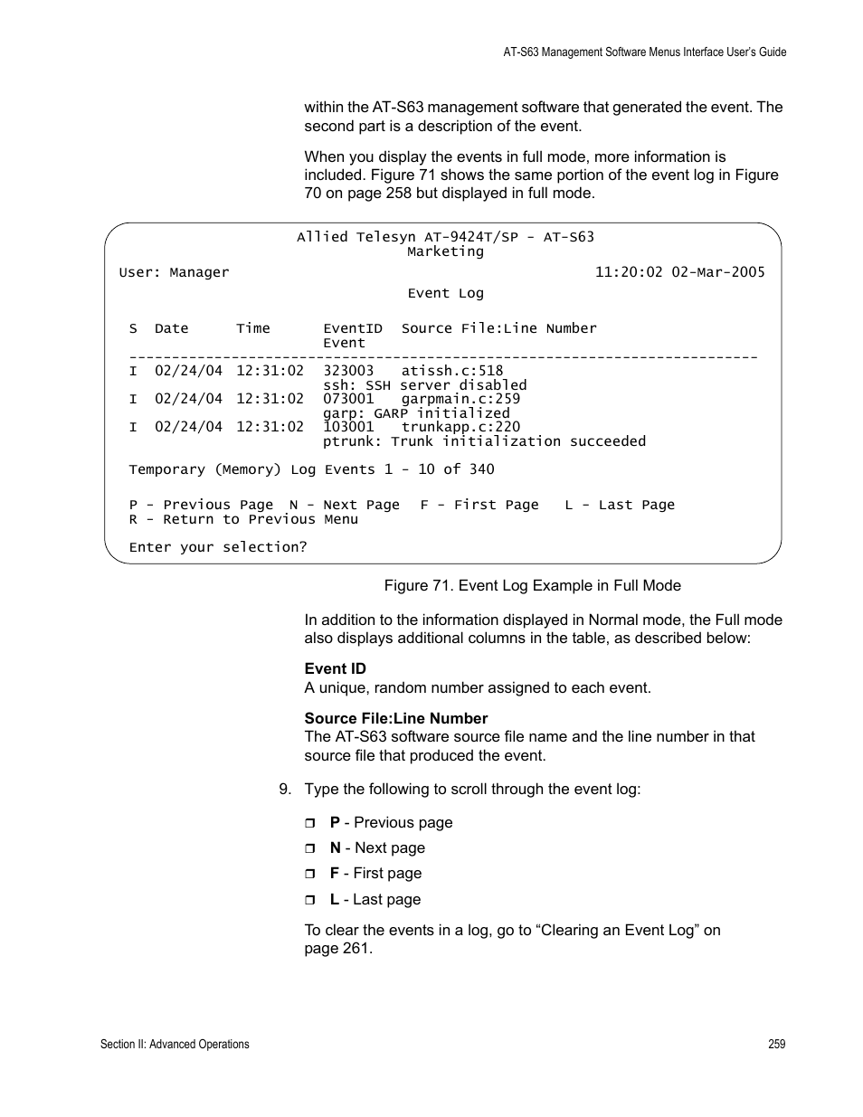 Figure 71: event log example in full mode | Allied Telesis AT-S63 User Manual | Page 259 / 942