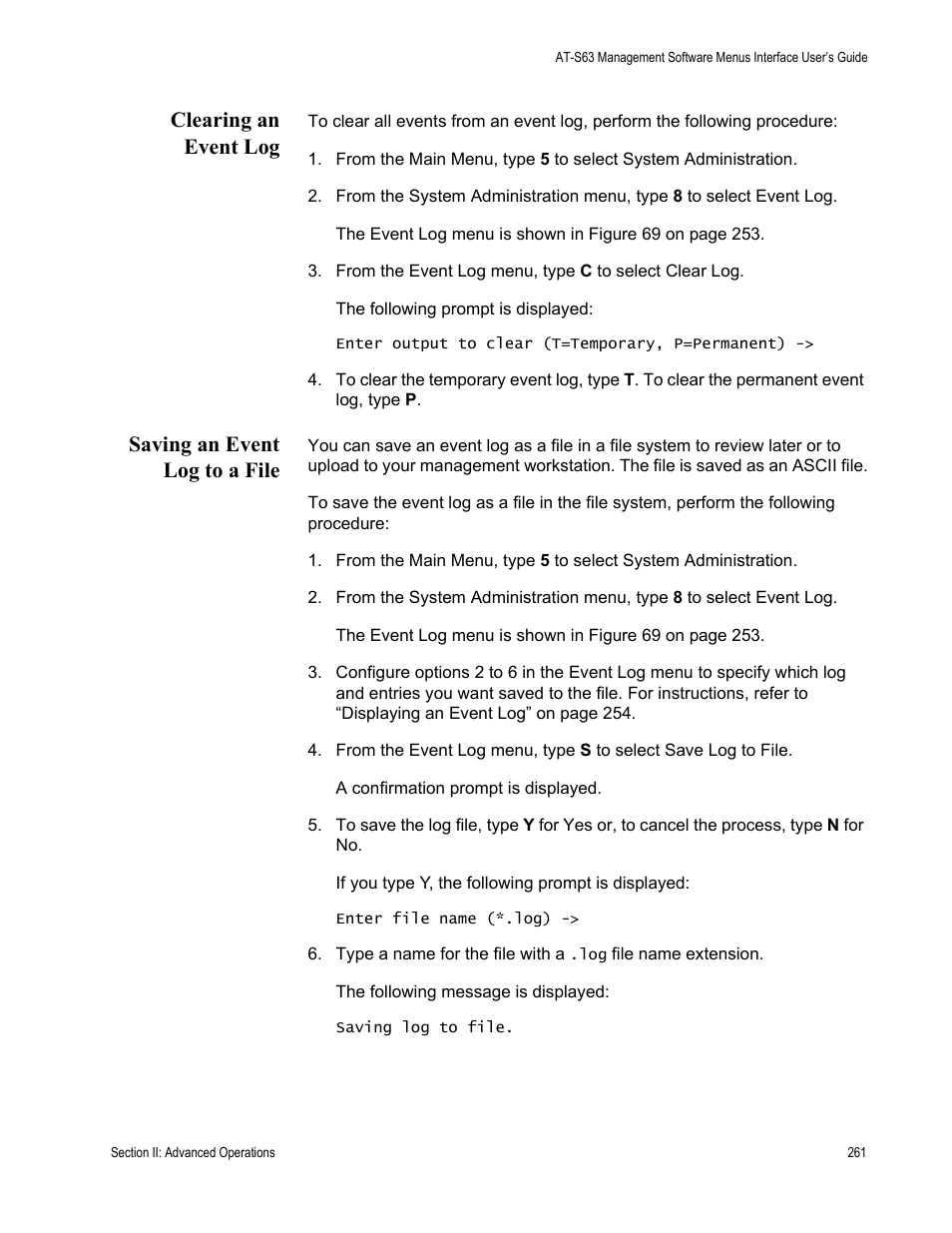 Clearing an event log, Saving an event log to a file | Allied Telesis AT-S63 User Manual | Page 261 / 942
