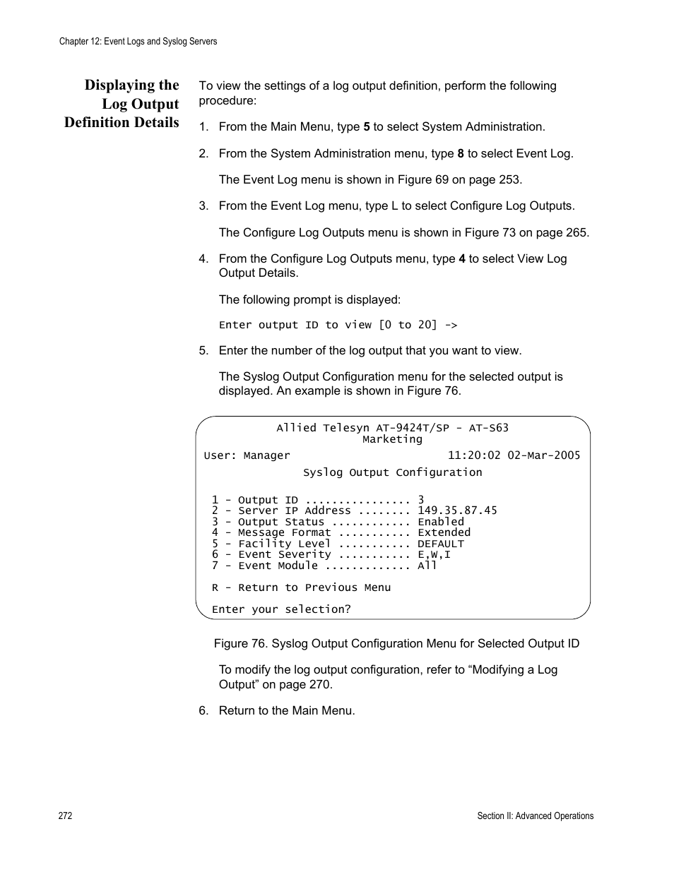 Displaying the log output definition details | Allied Telesis AT-S63 User Manual | Page 272 / 942