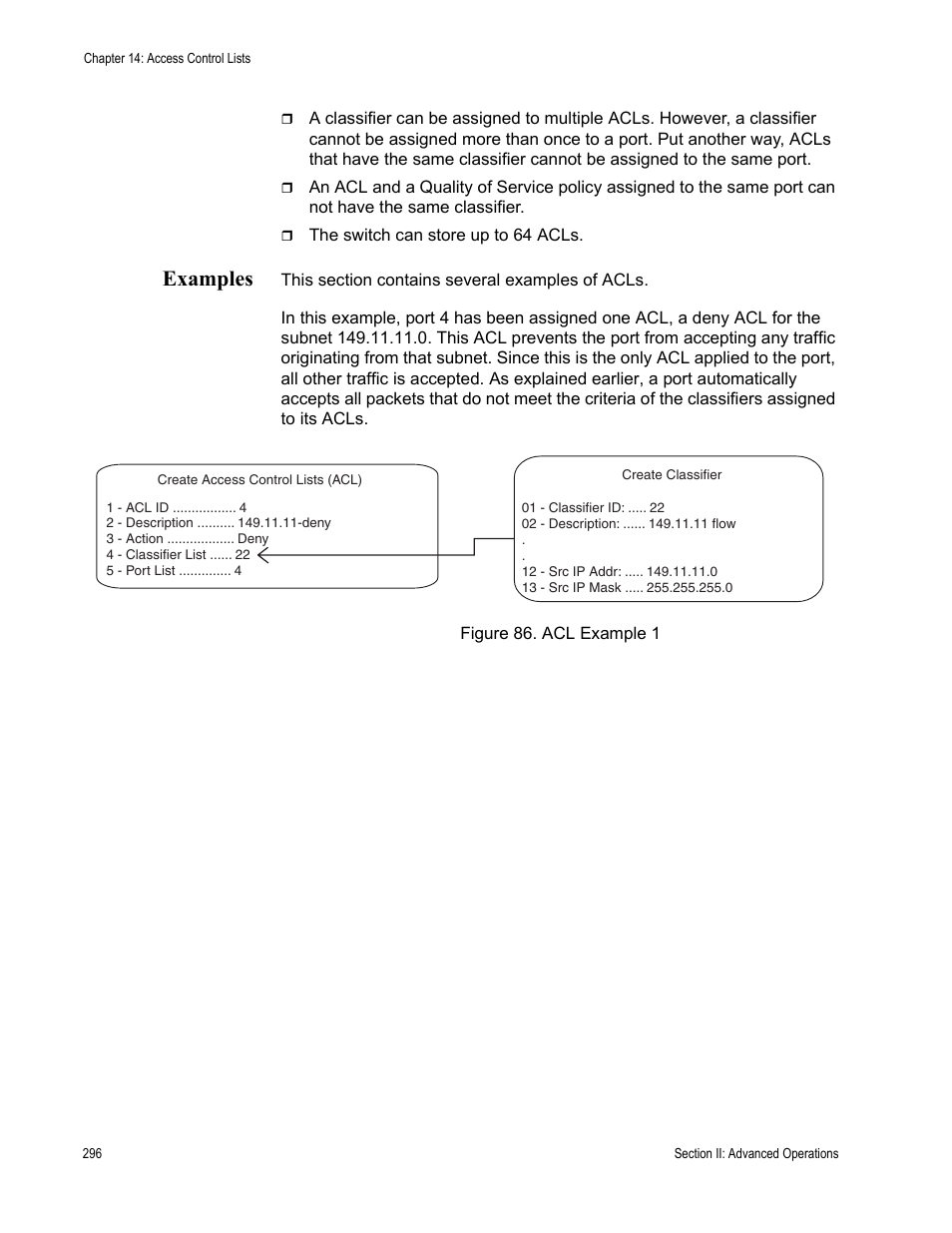 Examples, Figure 86: acl example 1 | Allied Telesis AT-S63 User Manual | Page 296 / 942