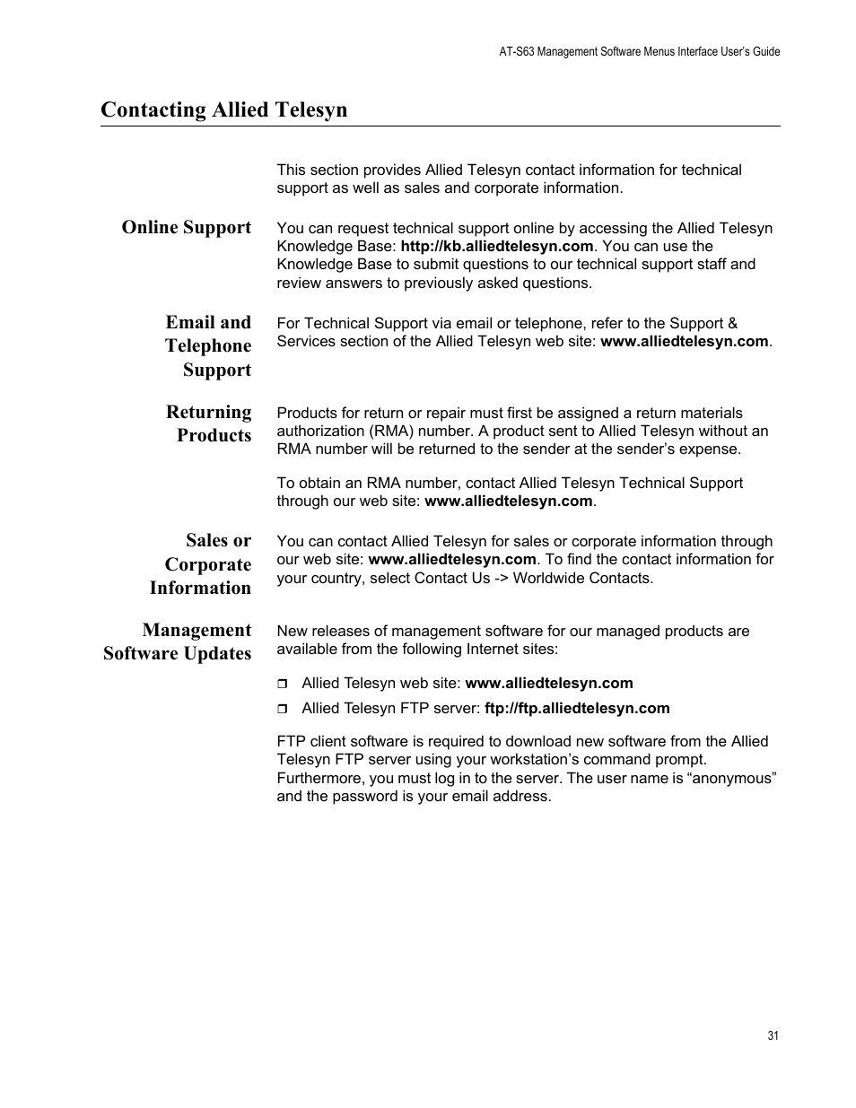 Contacting allied telesyn, Online support, Email and telephone support | Returning products, Sales or corporate information, Management software updates | Allied Telesis AT-S63 User Manual | Page 31 / 942