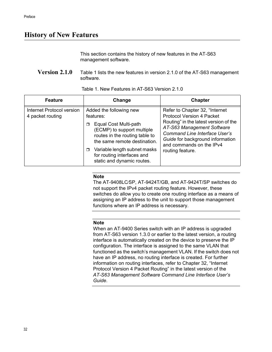 History of new features, Version 2.1.0, Table 1: new features in at-s63 version 2.1.0 | Allied Telesis AT-S63 User Manual | Page 32 / 942
