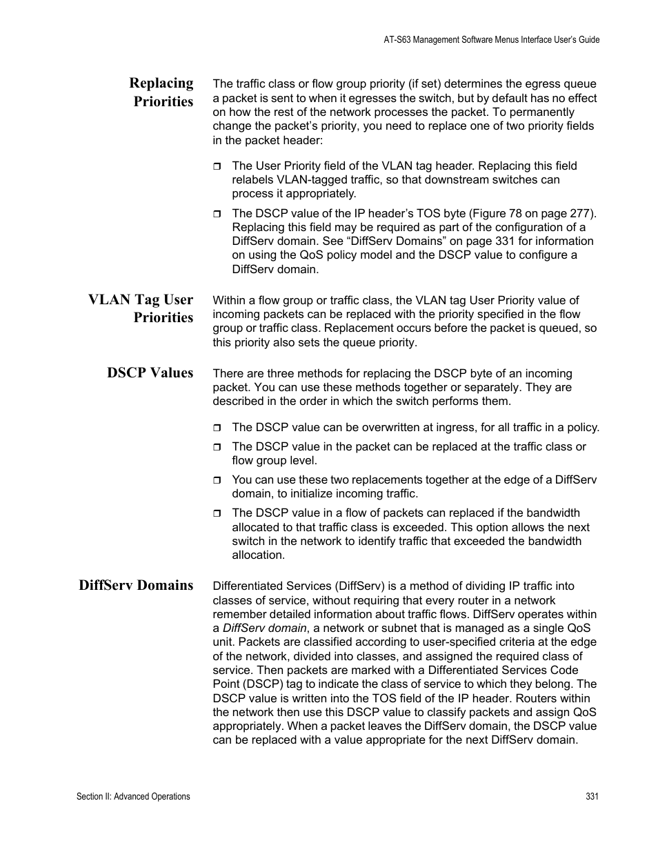 Replacing priorities, Vlan tag user priorities, Dscp values | Diffserv domains | Allied Telesis AT-S63 User Manual | Page 331 / 942