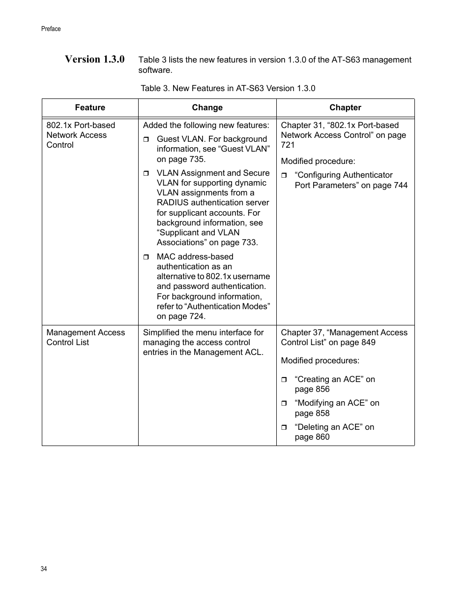 Version 1.3.0, Table 3: new features in at-s63 version 1.3.0 | Allied Telesis AT-S63 User Manual | Page 34 / 942