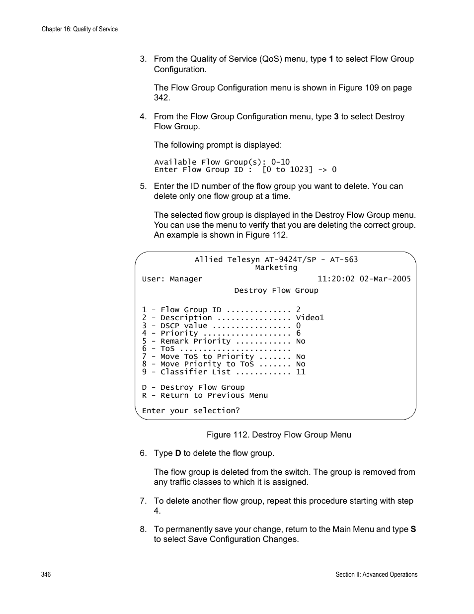 Figure 112: destroy flow group menu | Allied Telesis AT-S63 User Manual | Page 346 / 942