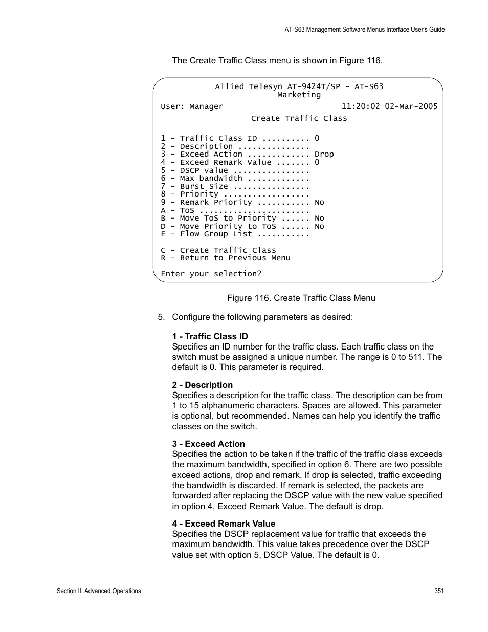Figure 116: create traffic class menu | Allied Telesis AT-S63 User Manual | Page 351 / 942
