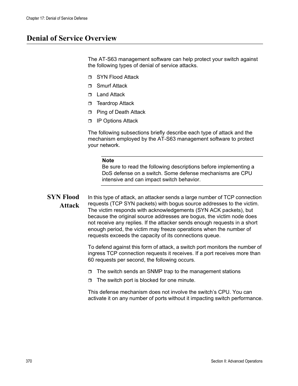 Denial of service overview, Syn flood attack | Allied Telesis AT-S63 User Manual | Page 370 / 942