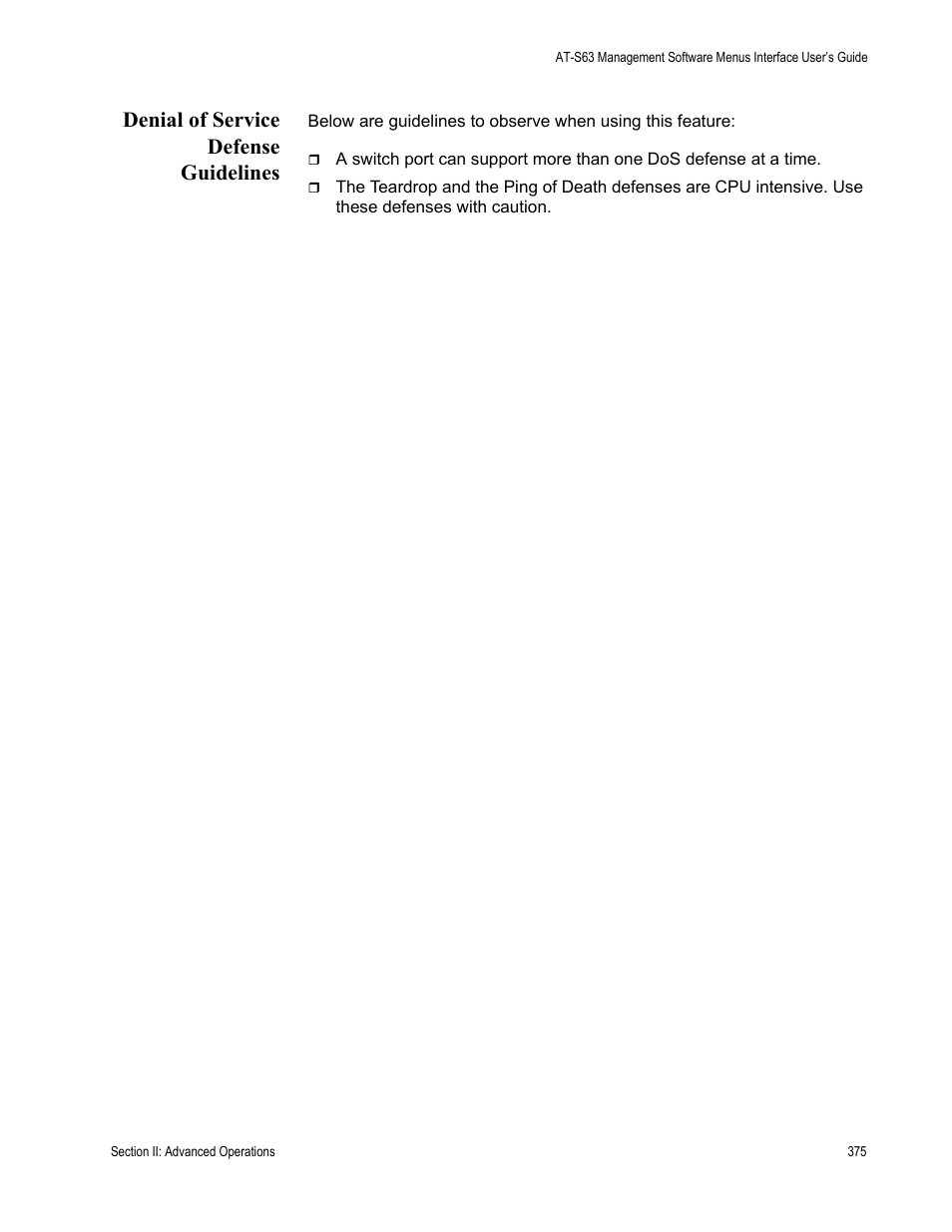 Denial of service defense guidelines | Allied Telesis AT-S63 User Manual | Page 375 / 942
