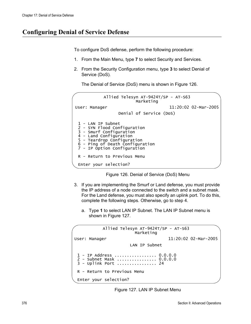 Configuring denial of service defense | Allied Telesis AT-S63 User Manual | Page 376 / 942