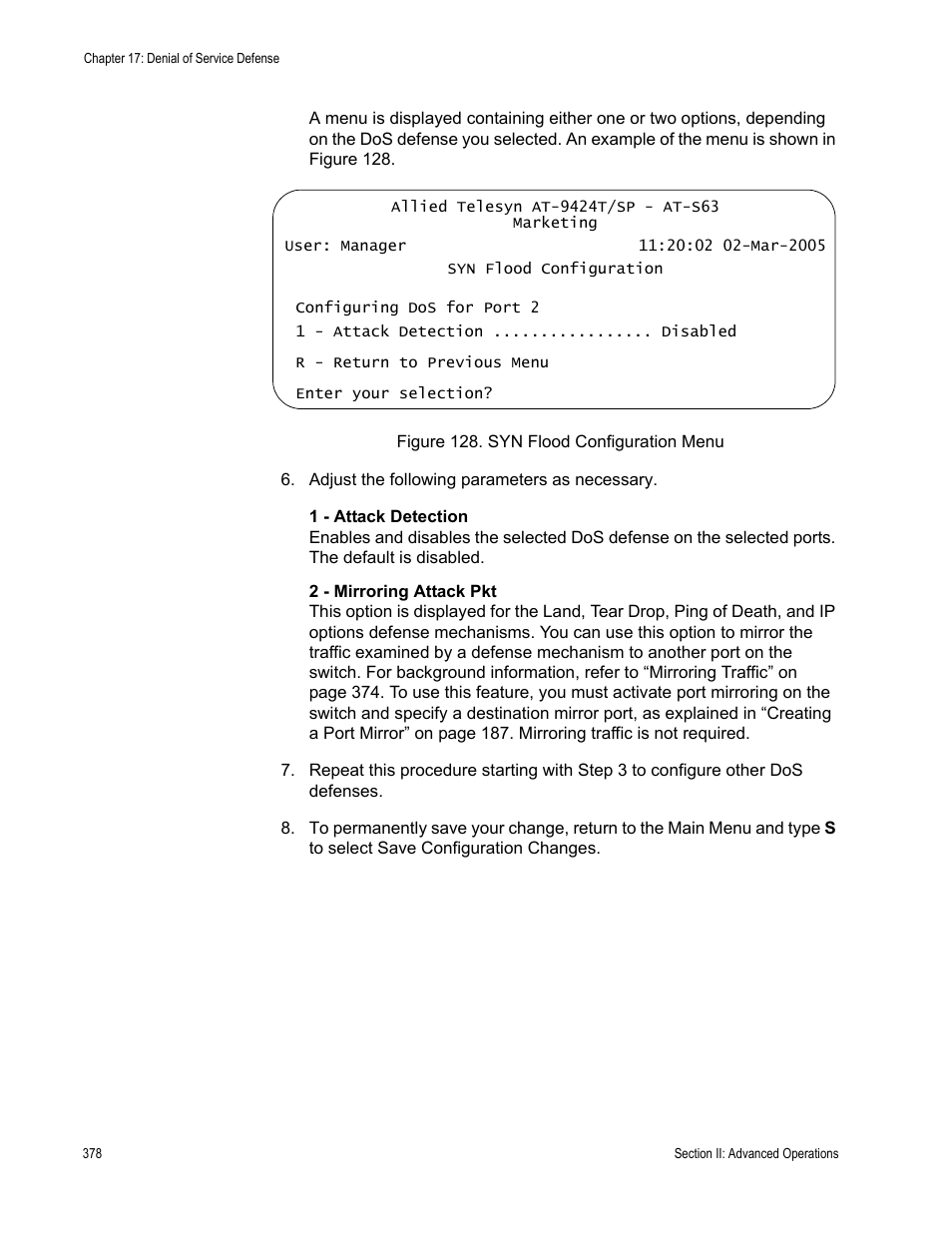 Figure 128: syn flood configuration menu | Allied Telesis AT-S63 User Manual | Page 378 / 942