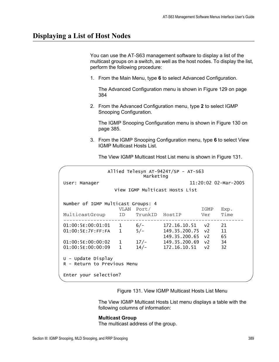 Displaying a list of host nodes, Figure 131: view igmp multicast hosts list menu | Allied Telesis AT-S63 User Manual | Page 389 / 942