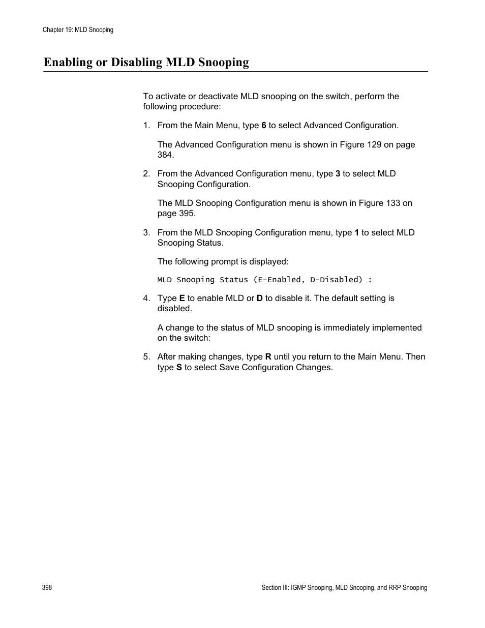 Enabling or disabling mld snooping | Allied Telesis AT-S63 User Manual | Page 398 / 942