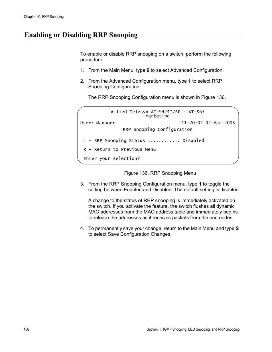 Enabling or disabling rrp snooping, Figure 136: rrp snooping menu | Allied Telesis AT-S63 User Manual | Page 406 / 942