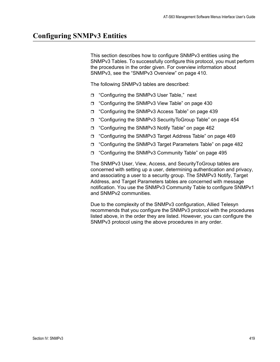 Configuring snmpv3 entities | Allied Telesis AT-S63 User Manual | Page 419 / 942